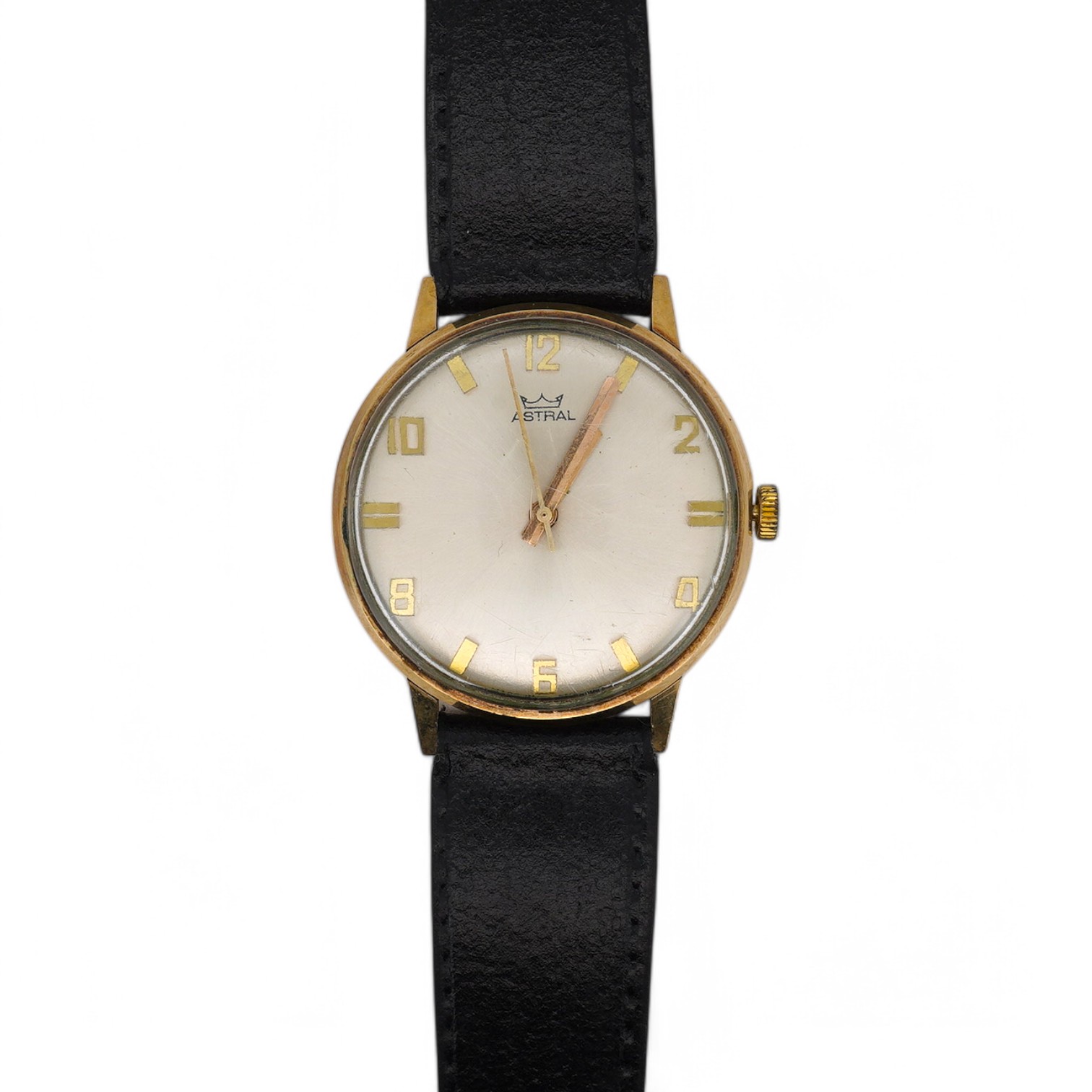 A gentleman's yellow metal Astral manual wind wrist watch, with engraved case back inscription, on a leather strap, with original box and guarantee. Condition - poor to fair